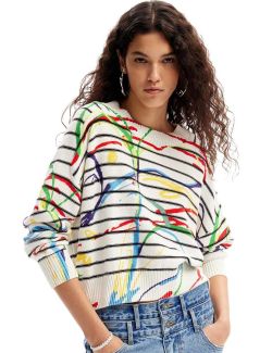 Desigual - Desigual - Ženski džemper sa prugama i šarama - DG24SWJF46-1001 DG24SWJF46-1001